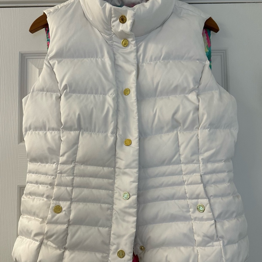 Lilly Pulitzer White Isabelle Puffer Vest Dripping in Jewels lining L